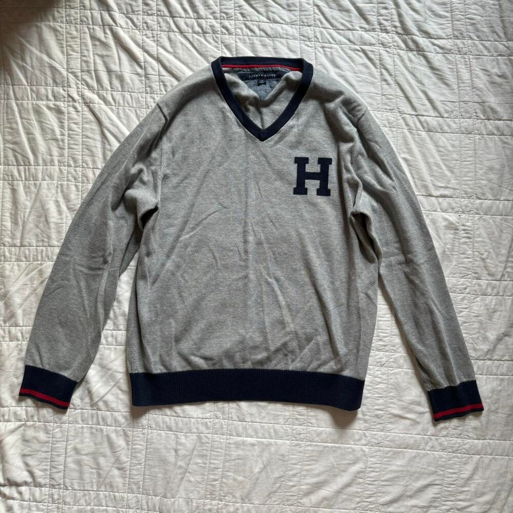 monogram knit ringer sweater Tommy Hilfiger mens L sporty preppy academia cotton